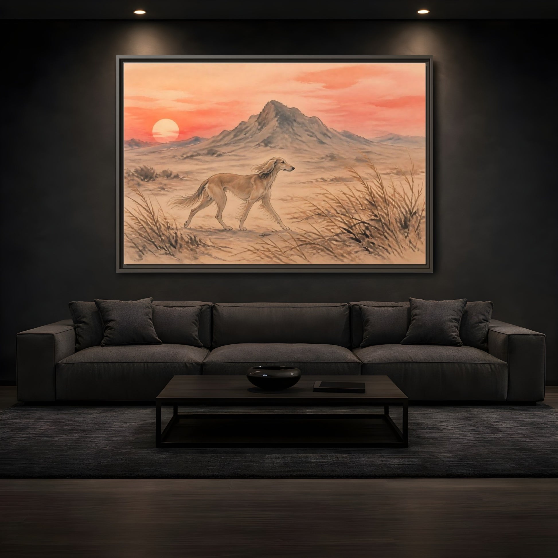 Mockup 3. Desert Dog At Sunset shown as framed canvas print