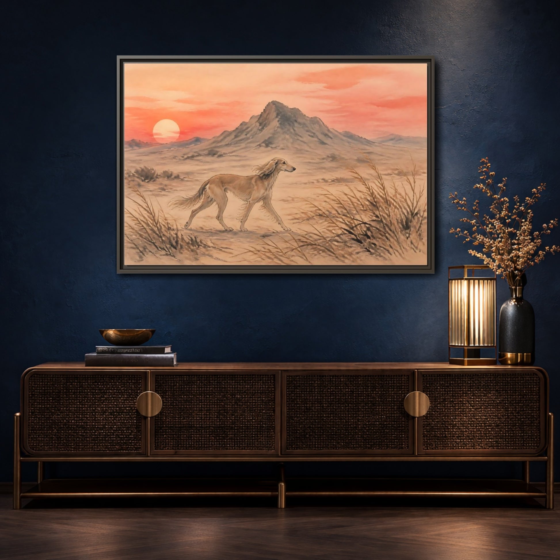 Mockup 4. Desert Dog At Sunset shown as framed canvas print