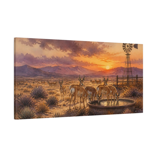 Main Mockup. Desert Pronghorn Sunset shown as canvas print