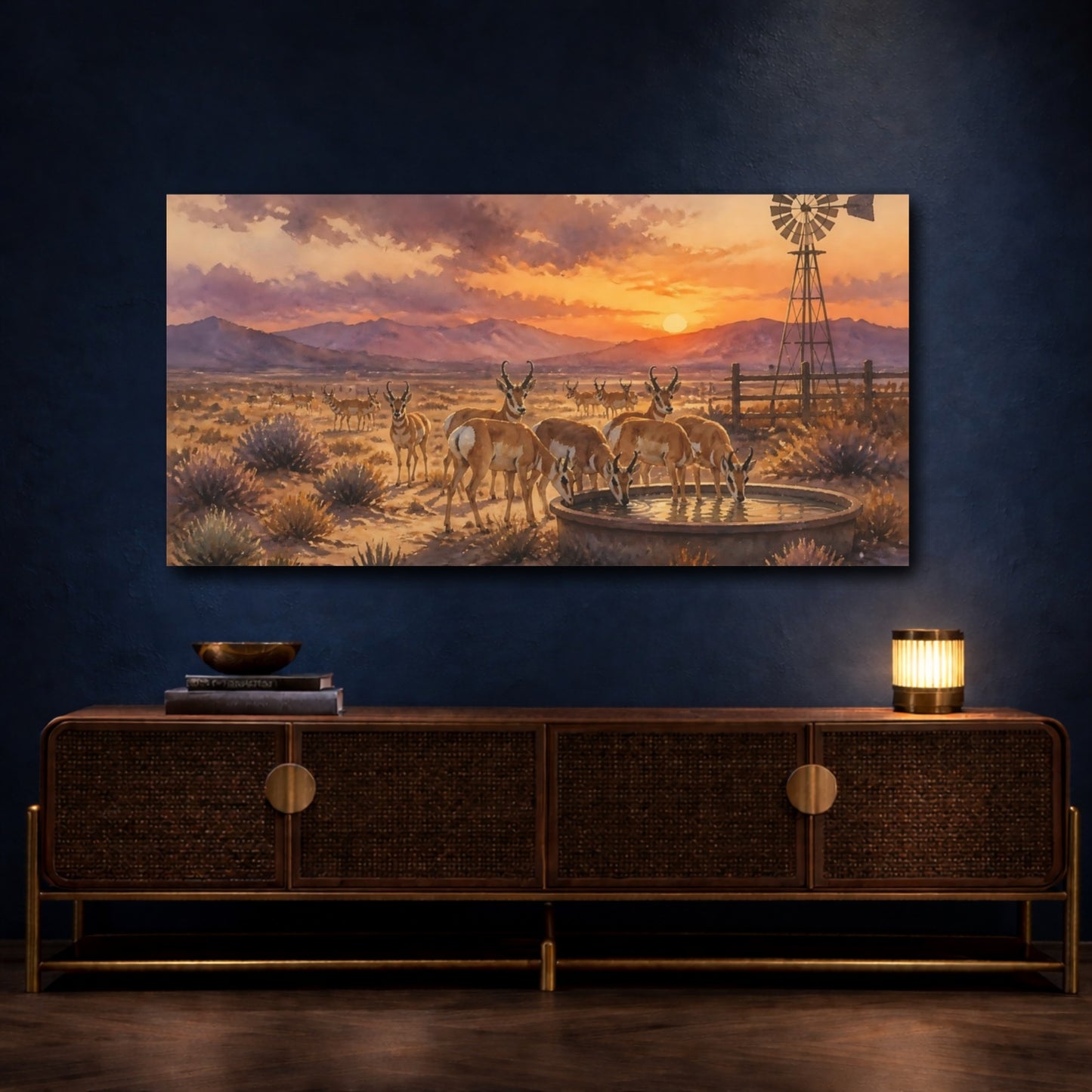 Mockup 4. Desert Pronghorn Sunset shown as canvas print