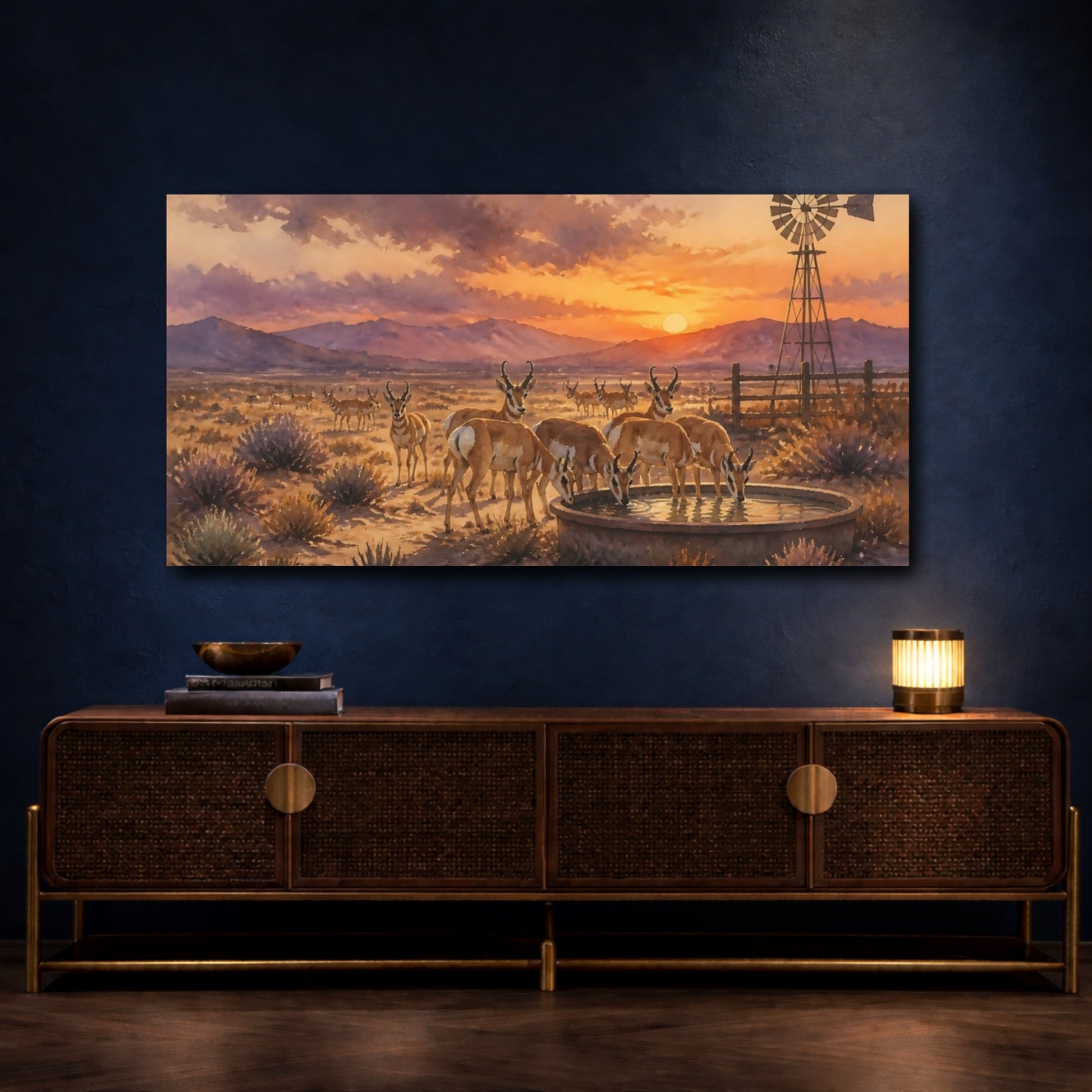 Mockup 4. Desert Pronghorn Sunset shown as canvas print