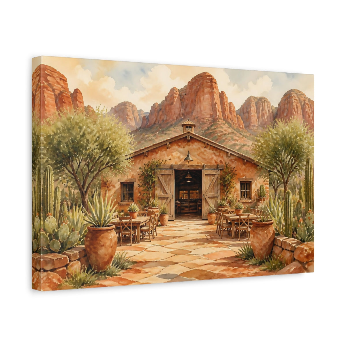 Side Mockup 4. Desert Ranch Courtyard shown as canvas print