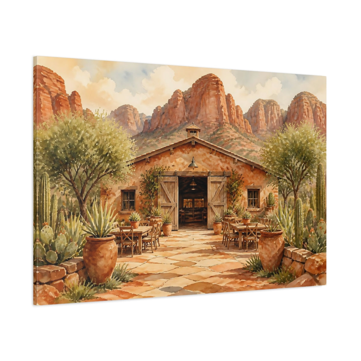 Side Mockup 1. Desert Ranch Courtyard shown as canvas print