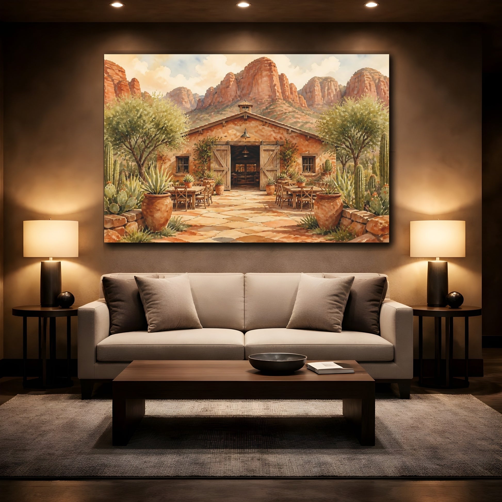 Mockup 2. Desert Ranch Courtyard shown as canvas print