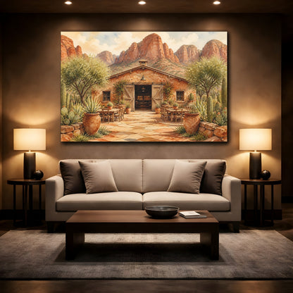 Mockup 2. Desert Ranch Courtyard shown as canvas print