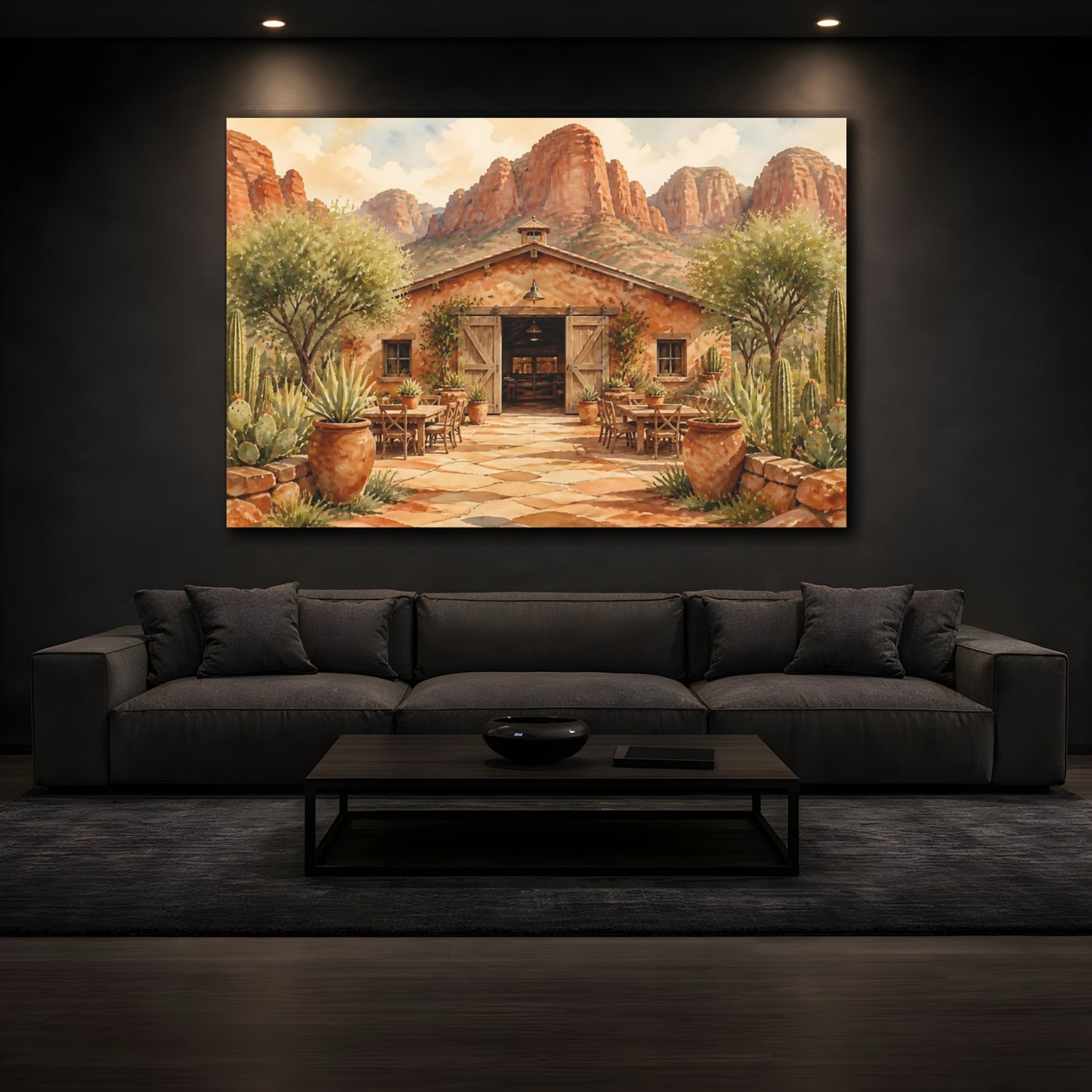Mockup 3. Desert Ranch Courtyard shown as canvas print