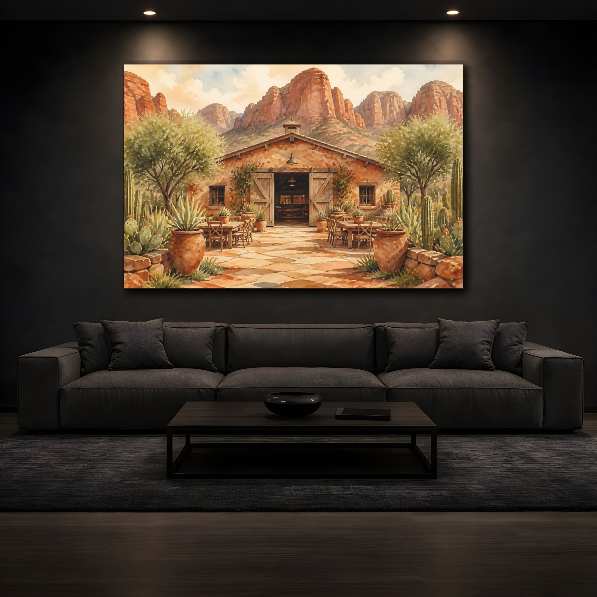 Mockup 3. Desert Ranch Courtyard shown as canvas print
