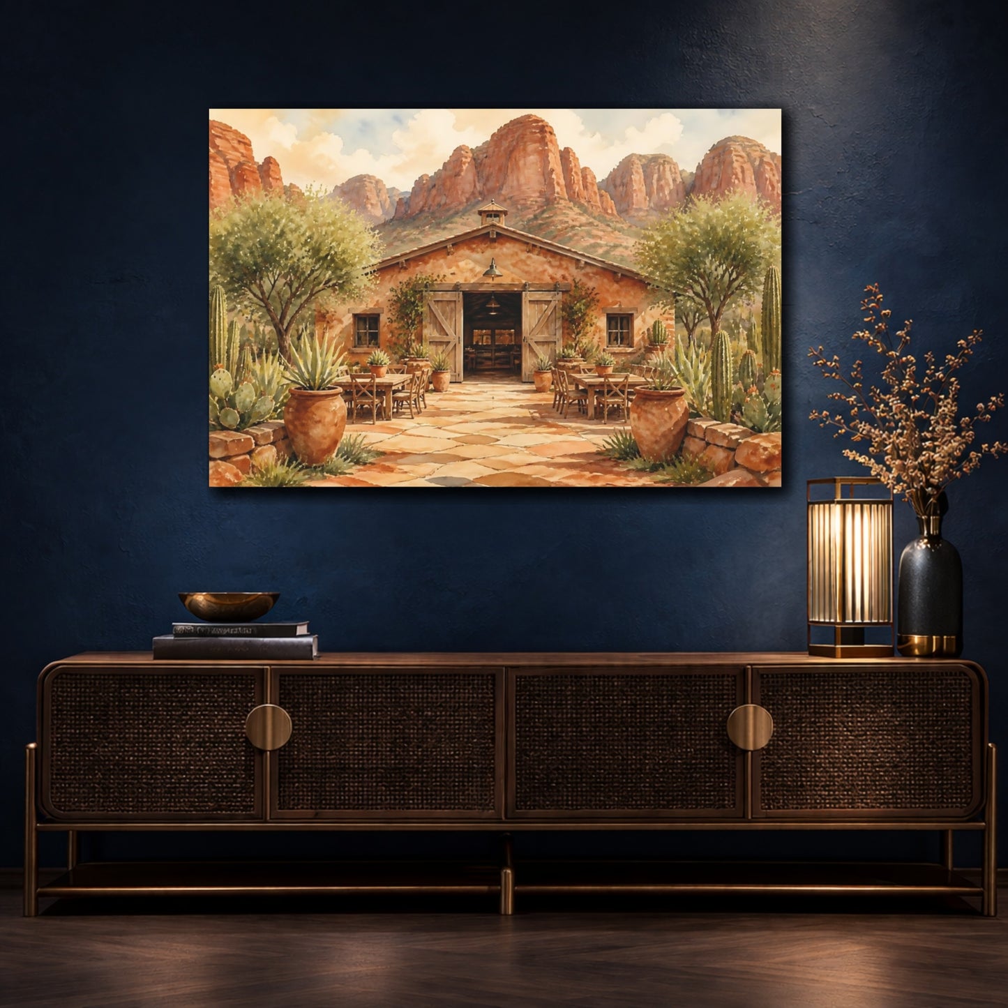 Mockup 4. Desert Ranch Courtyard shown as canvas print