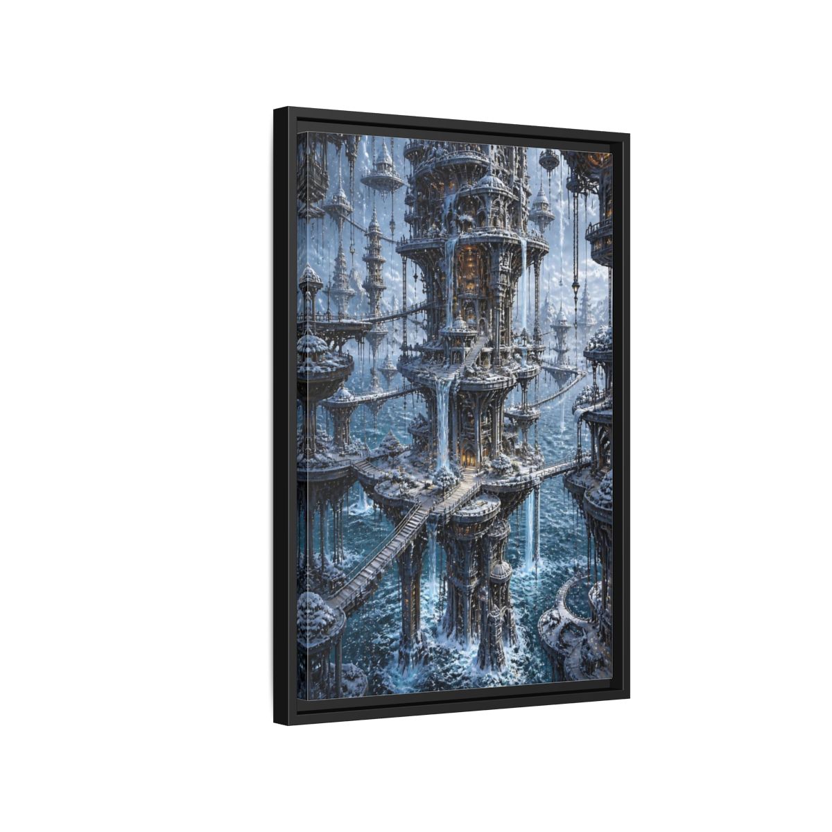 Side Mockup 3. Detailed Floating Tower City shown as framed canvas print