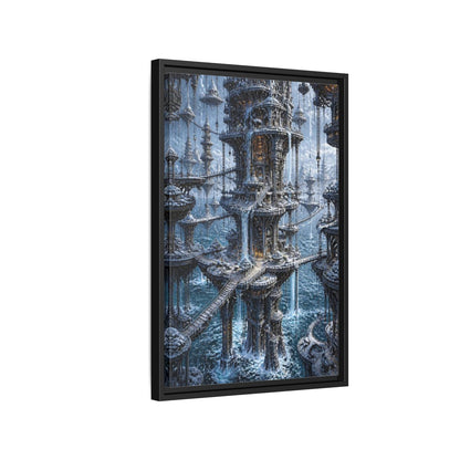 Side Mockup 3. Detailed Floating Tower City shown as framed canvas print