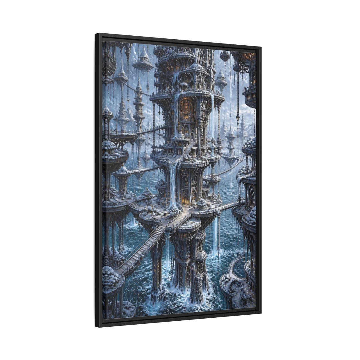 Side Mockup 13. Detailed Floating Tower City shown as framed canvas print