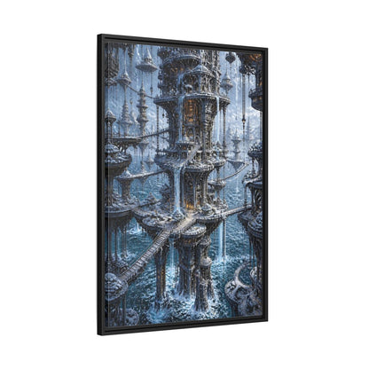 Side Mockup 13. Detailed Floating Tower City shown as framed canvas print