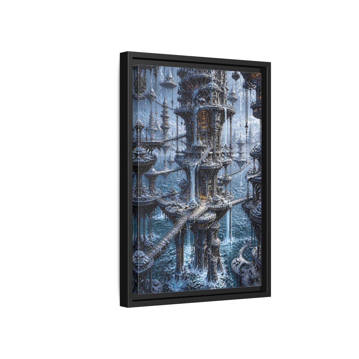 Side Mockup 6. Detailed Floating Tower City shown as framed canvas print