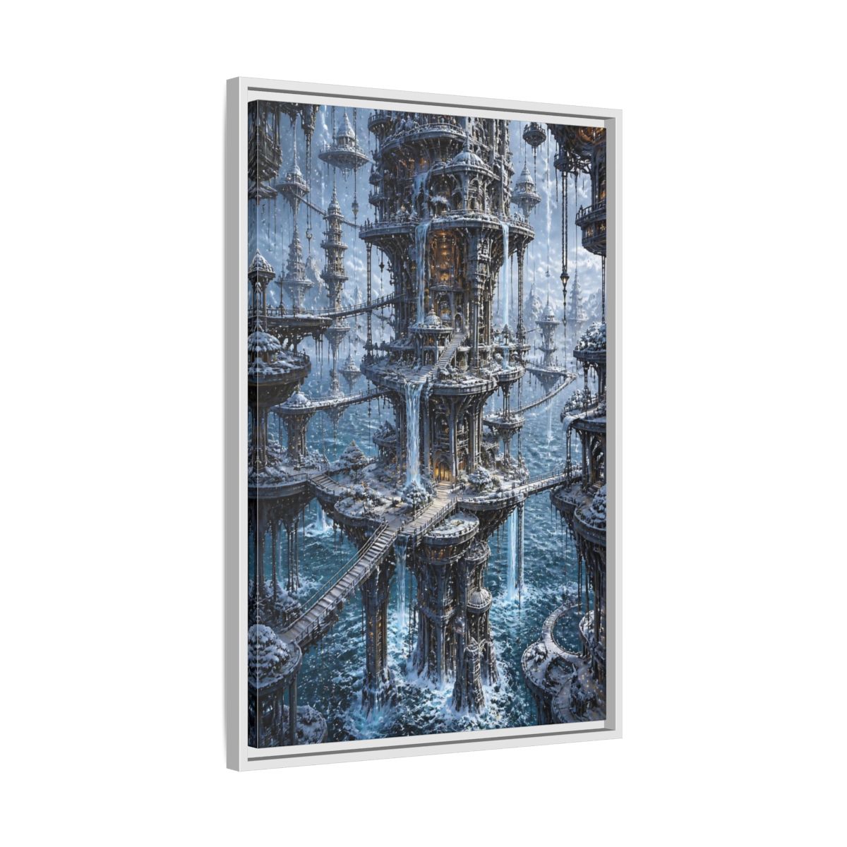 Side Mockup 10. Detailed Floating Tower City shown as framed canvas print