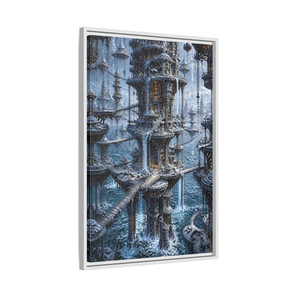 Side Mockup 10. Detailed Floating Tower City shown as framed canvas print