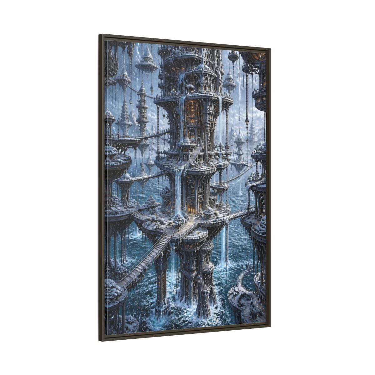 Side Mockup 8. Detailed Floating Tower City shown as framed canvas print