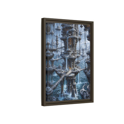 Side Mockup 5. Detailed Floating Tower City shown as framed canvas print