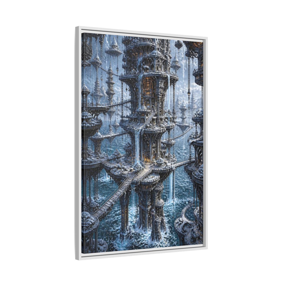 Side Mockup 9. Detailed Floating Tower City shown as framed canvas print