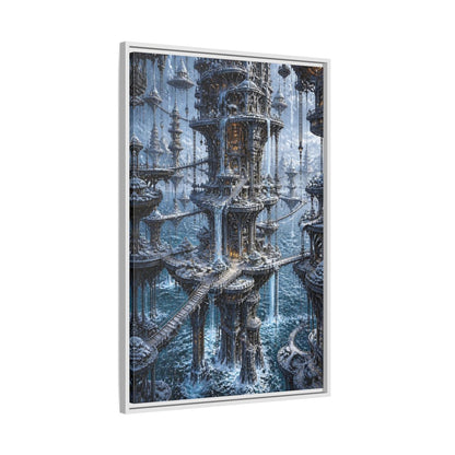Side Mockup 9. Detailed Floating Tower City shown as framed canvas print