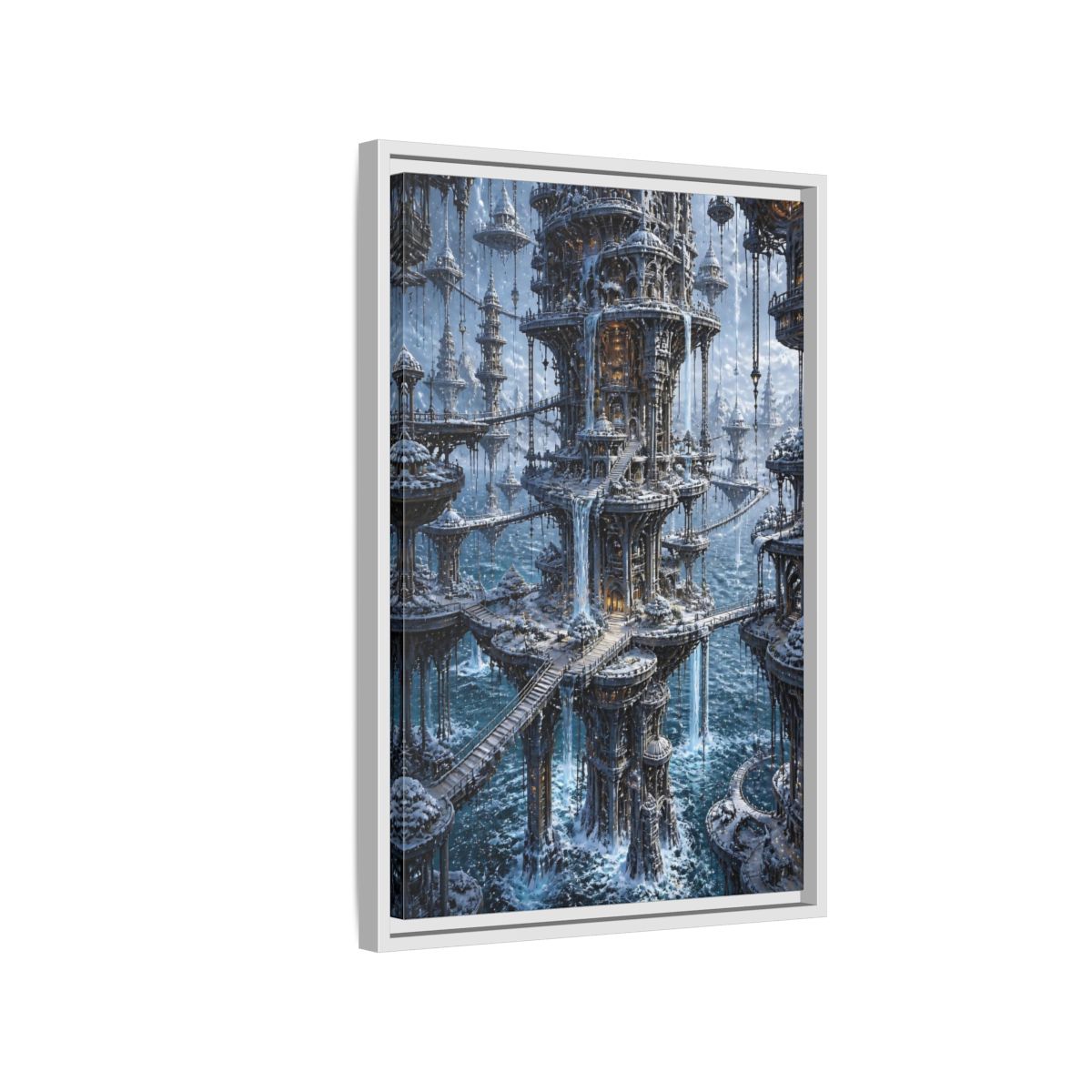 Side Mockup 1. Detailed Floating Tower City shown as framed canvas print