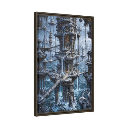 Side Mockup 11. Detailed Floating Tower City shown as framed canvas print