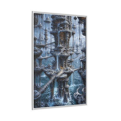 Side Mockup 7. Detailed Floating Tower City shown as framed canvas print