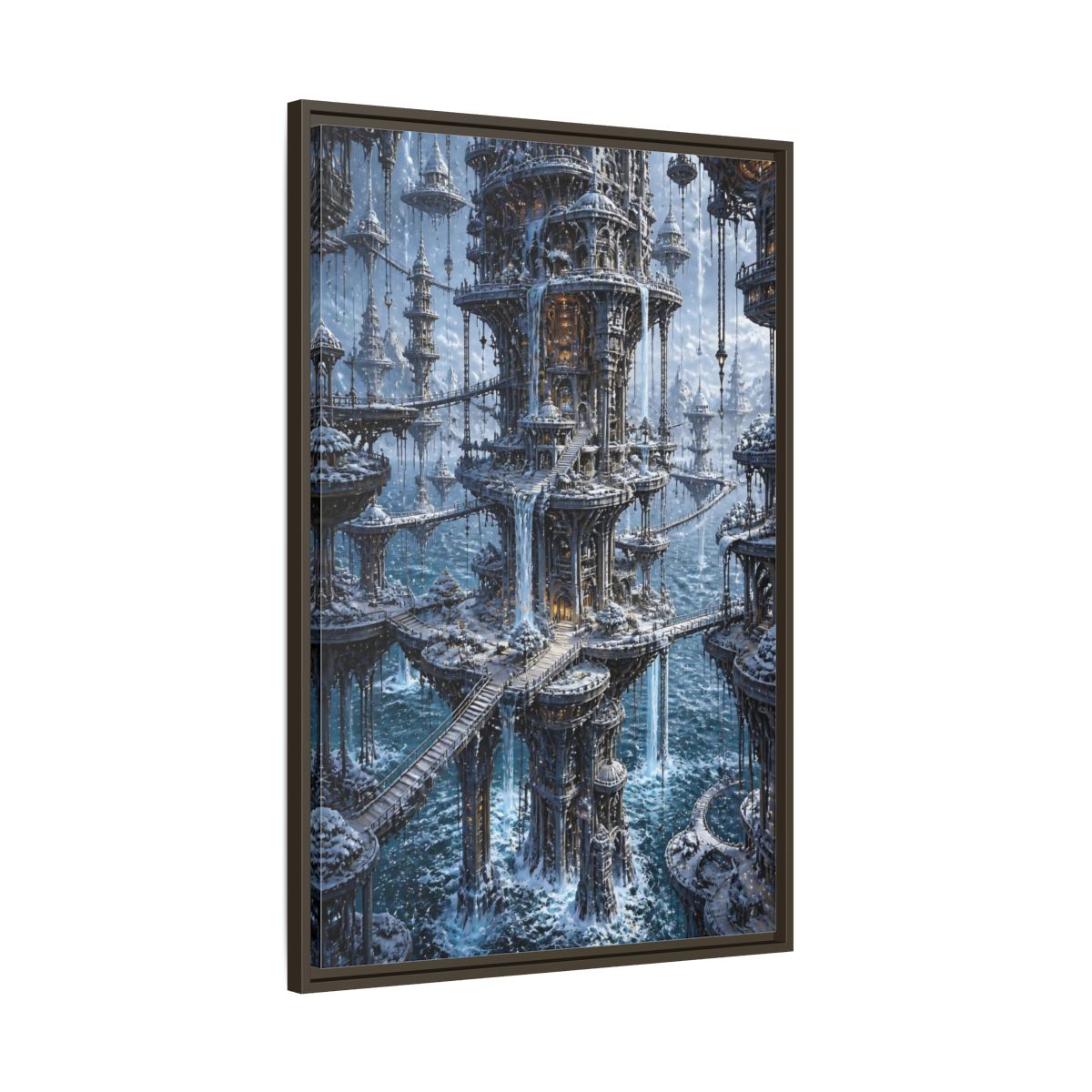 Main Mockup. Detailed Floating Tower City shown as framed canvas print