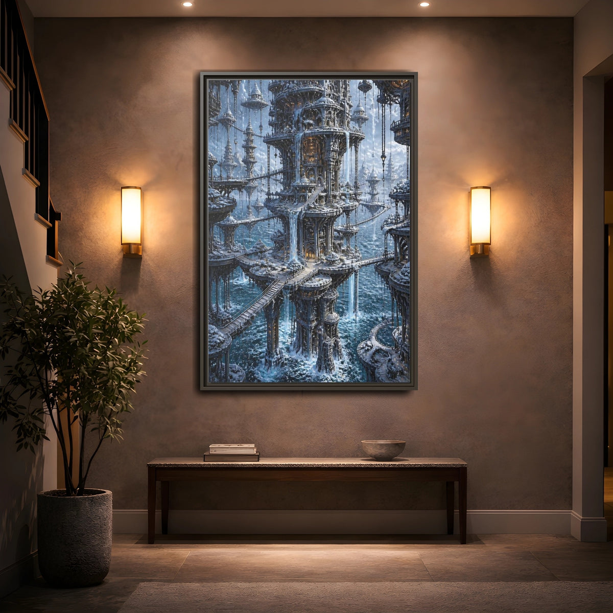 Mockup 2. Detailed Floating Tower City shown as framed canvas print