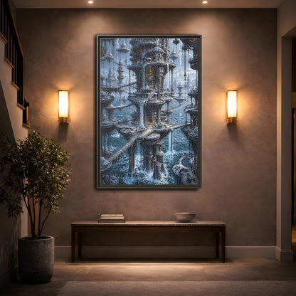 Mockup 2. Detailed Floating Tower City shown as framed canvas print