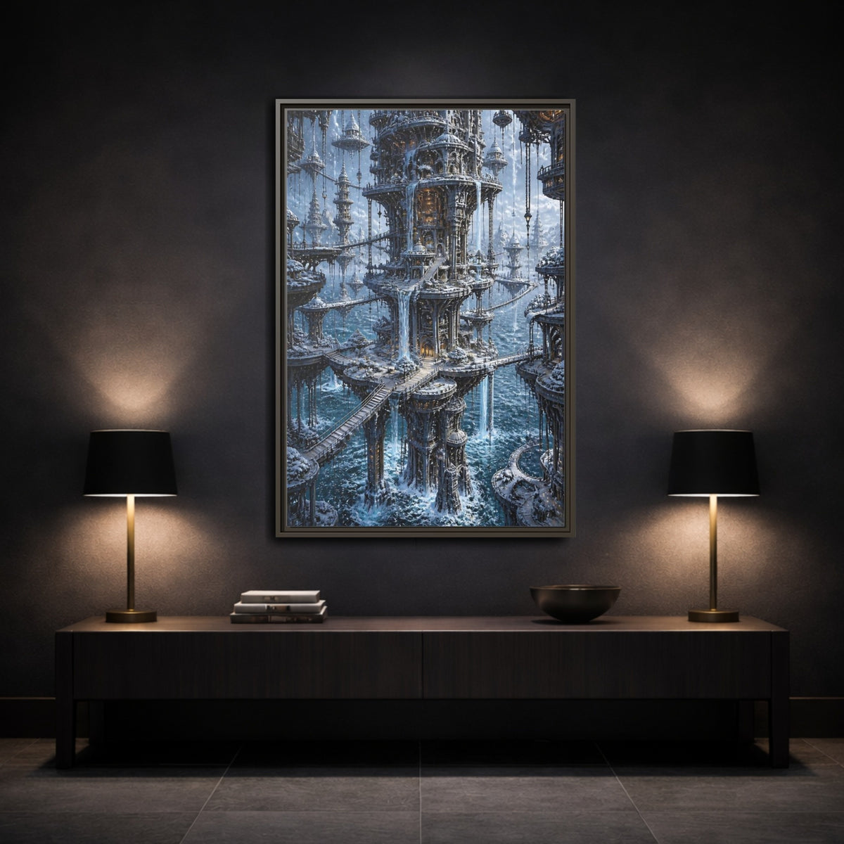 Mockup 3. Detailed Floating Tower City shown as framed canvas print
