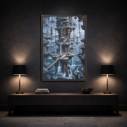 Mockup 3. Detailed Floating Tower City shown as framed canvas print