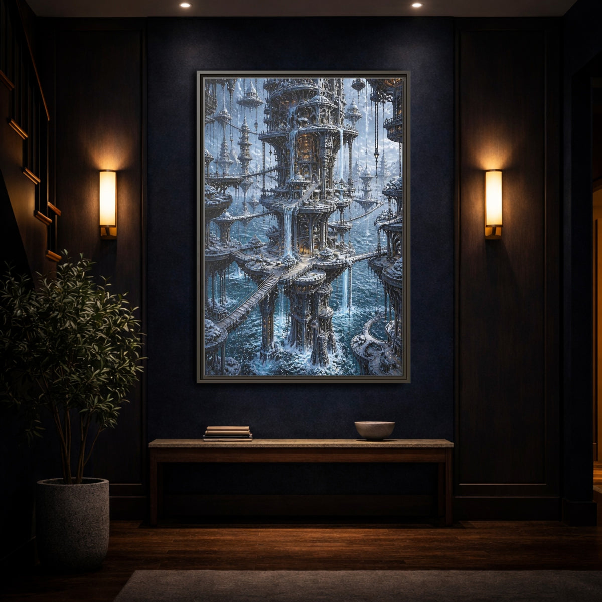 Mockup 4. Detailed Floating Tower City shown as framed canvas print