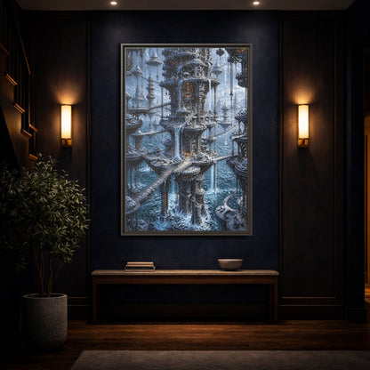 Mockup 4. Detailed Floating Tower City shown as framed canvas print