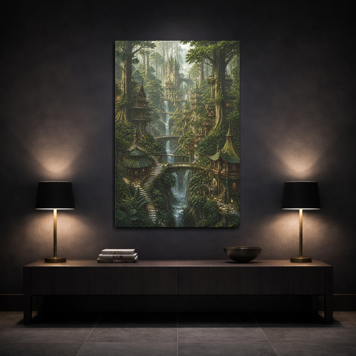 Mockup 3. Detailed Forest Treehouses shown as canvas print