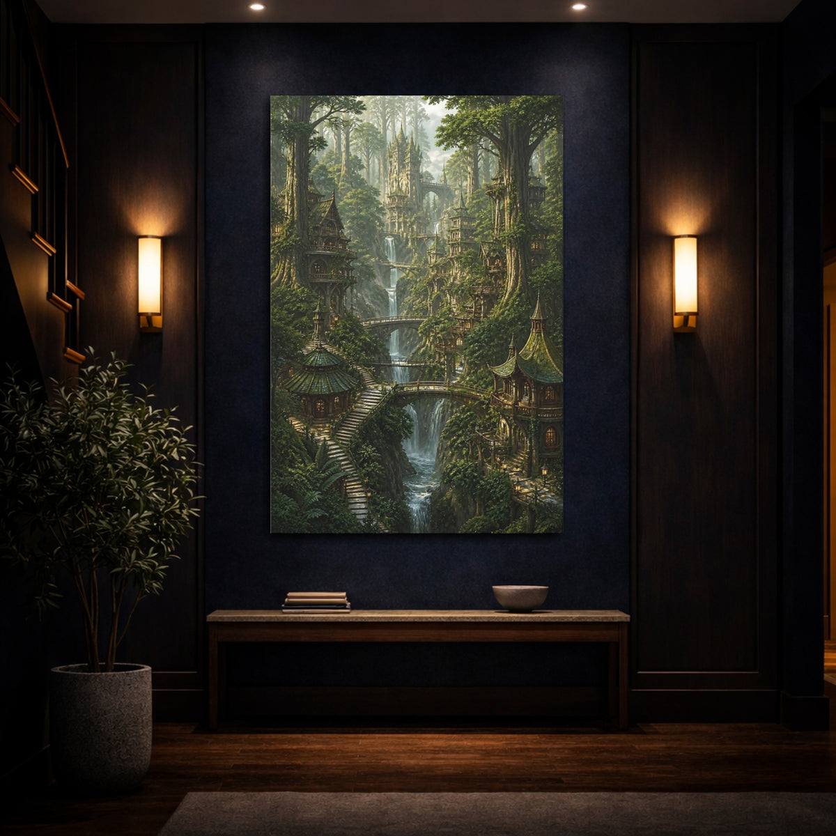 Mockup 4. Detailed Forest Treehouses shown as canvas print