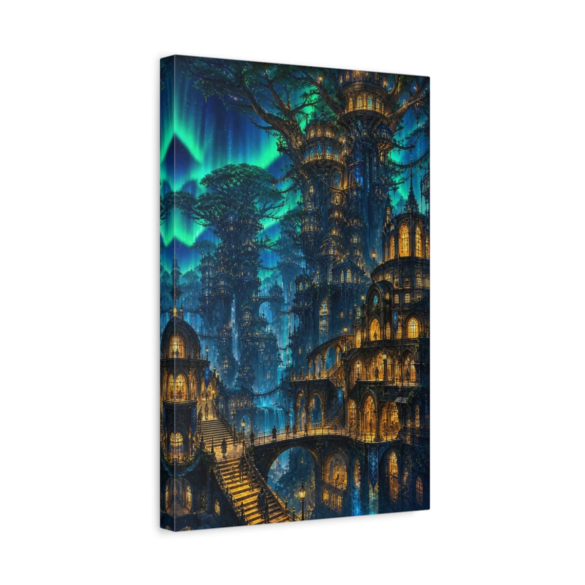 Side Mockup 4. Detailed Tree City Nightscape shown as canvas print
