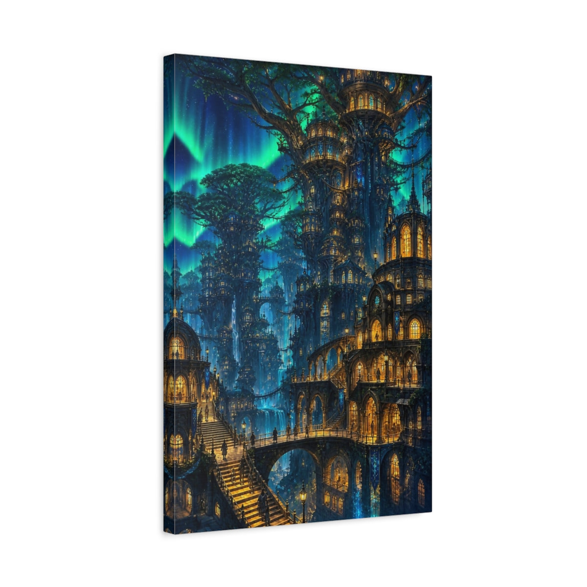 Side Mockup 3. Detailed Tree City Nightscape shown as canvas print
