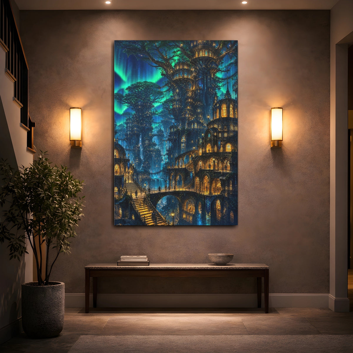 Mockup 2. Detailed Tree City Nightscape shown as canvas print