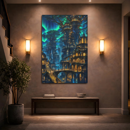 Mockup 2. Detailed Tree City Nightscape shown as canvas print