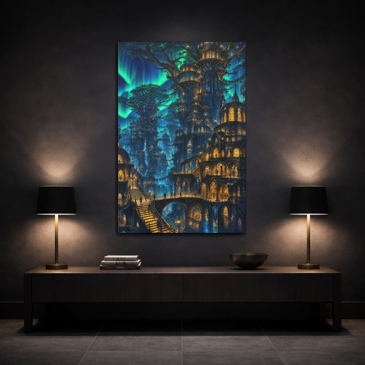 Mockup 3. Detailed Tree City Nightscape shown as canvas print