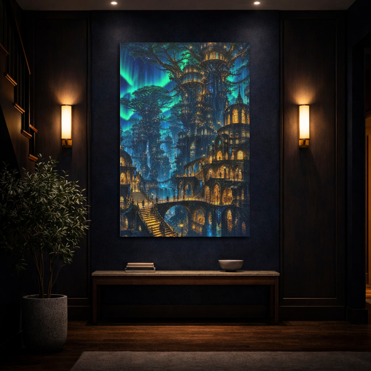 Mockup 4. Detailed Tree City Nightscape shown as canvas print