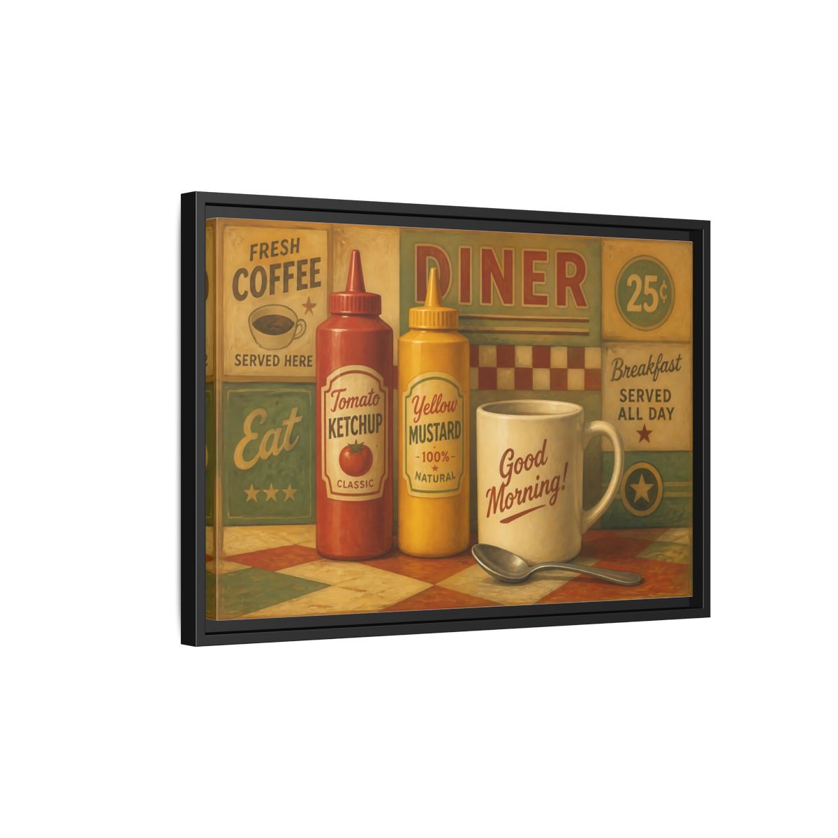 Side Mockup 3. Diner Condiments And Coffee shown as framed canvas print