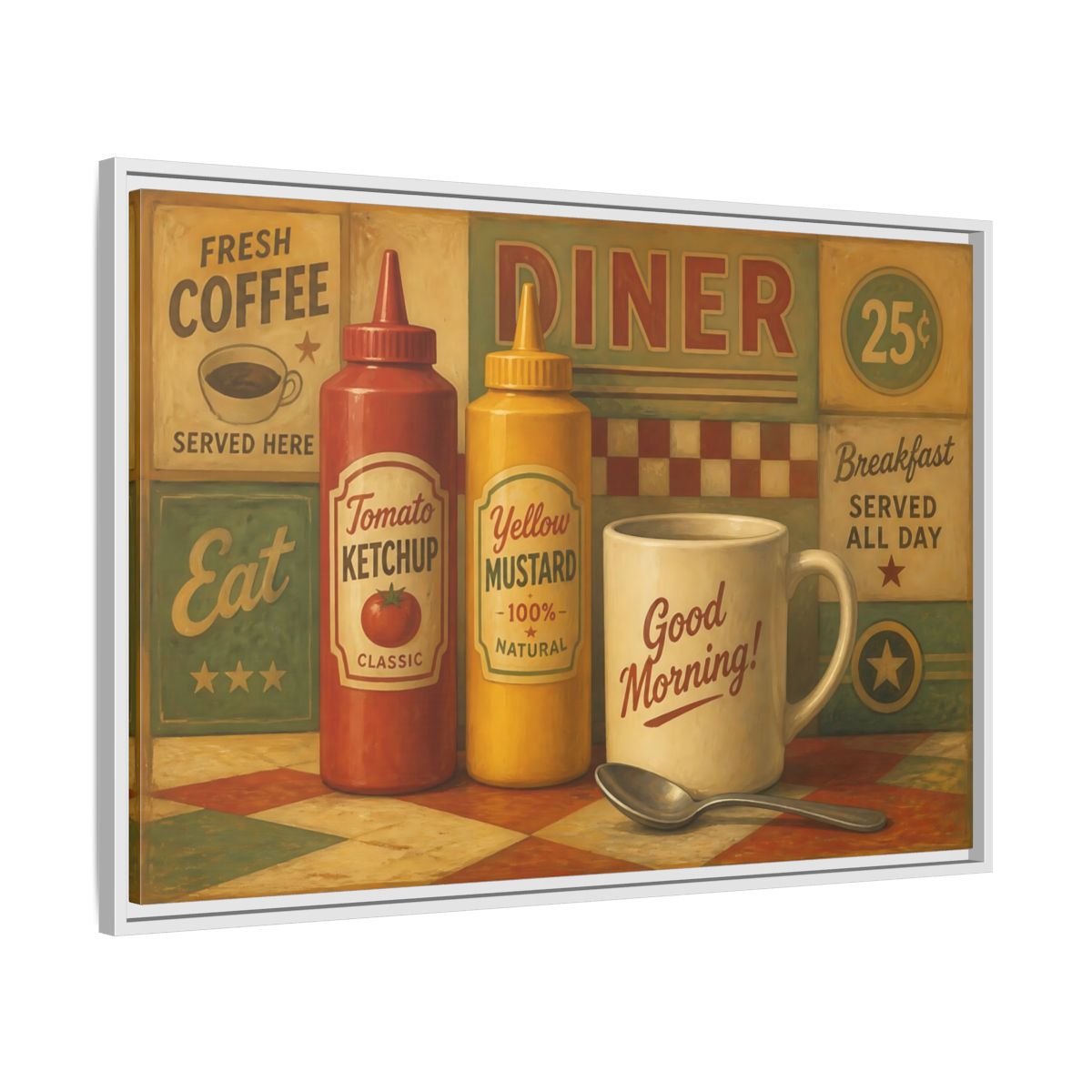 Side Mockup 9. Diner Condiments And Coffee shown as framed canvas print