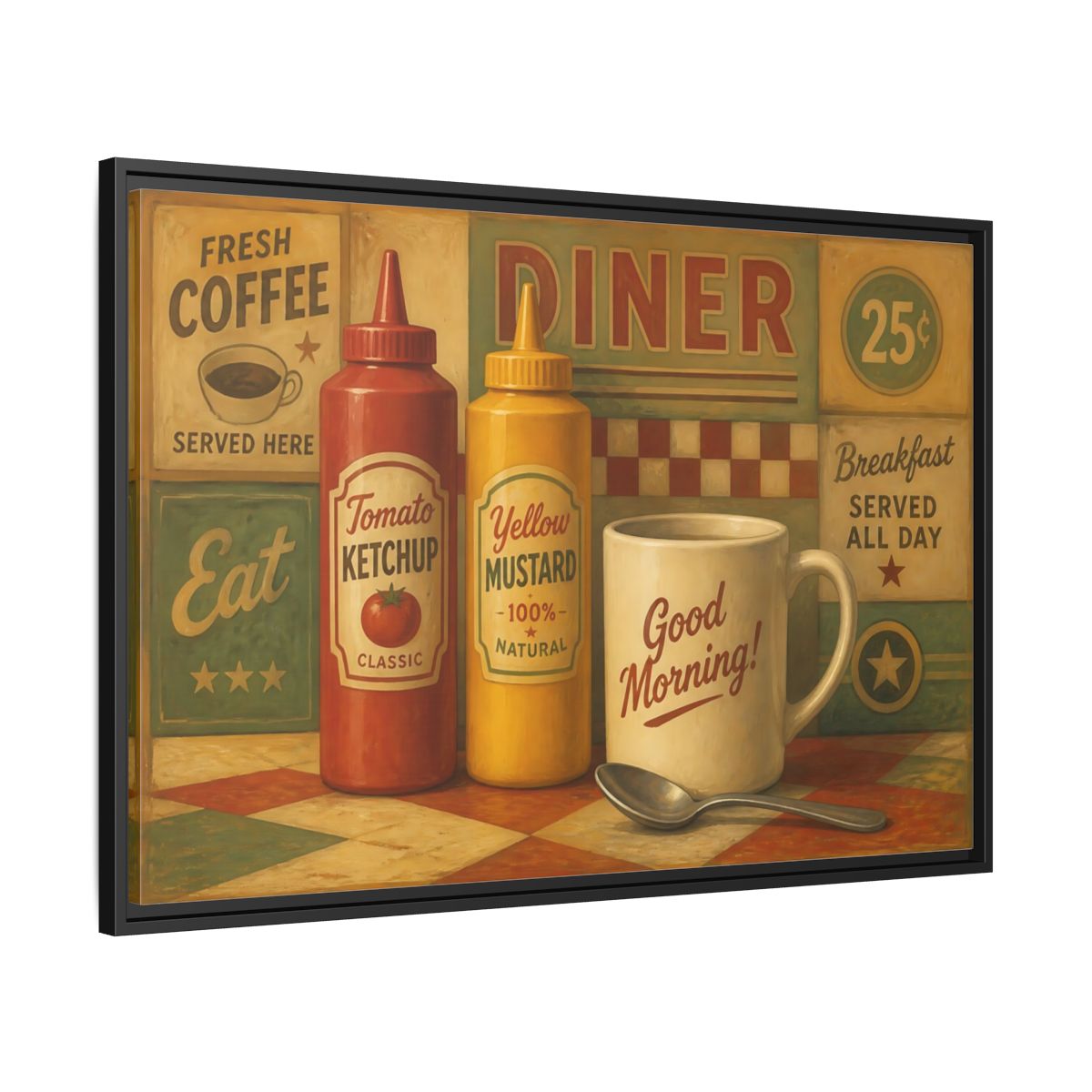 Side Mockup 13. Diner Condiments And Coffee shown as framed canvas print