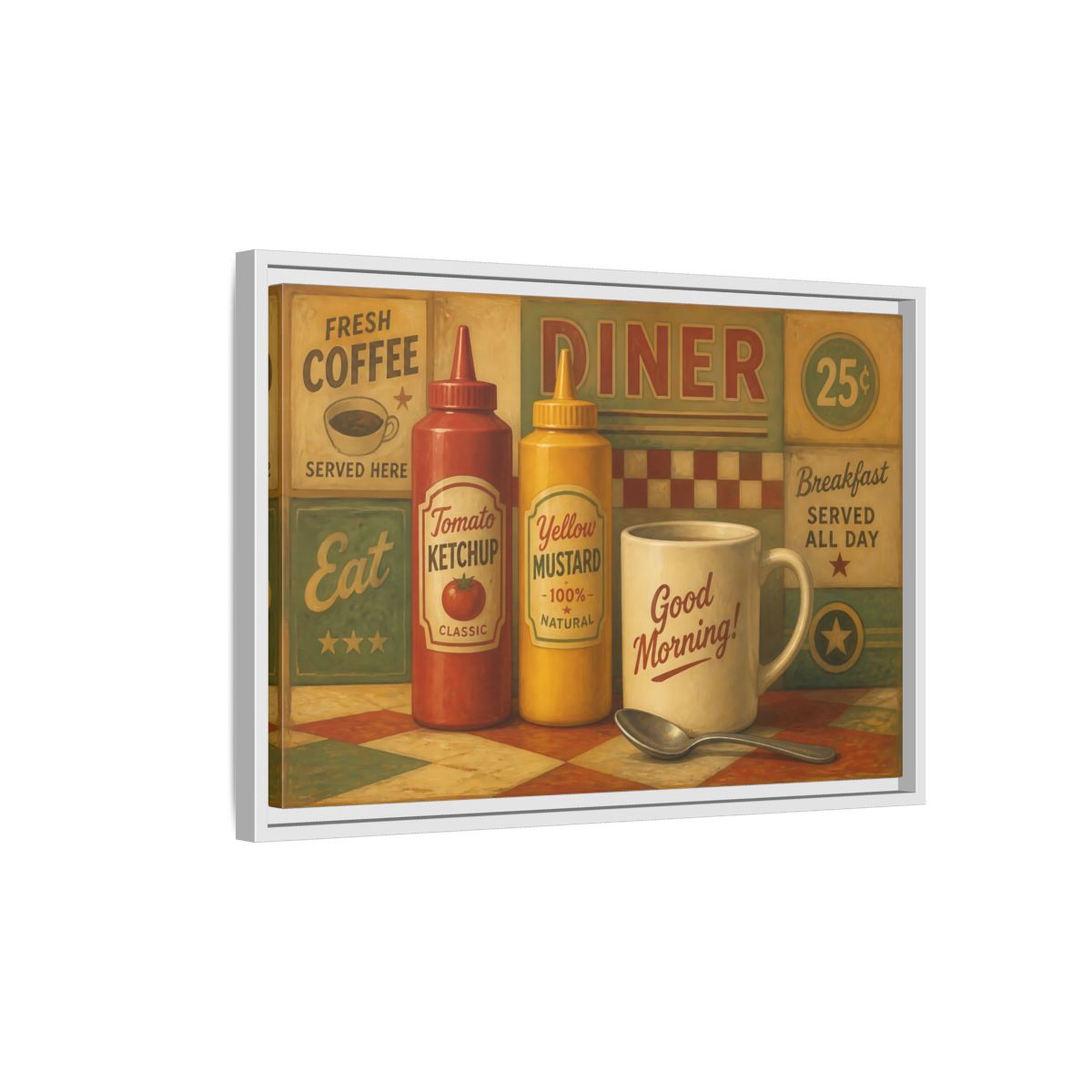 Side Mockup 1. Diner Condiments And Coffee shown as framed canvas print