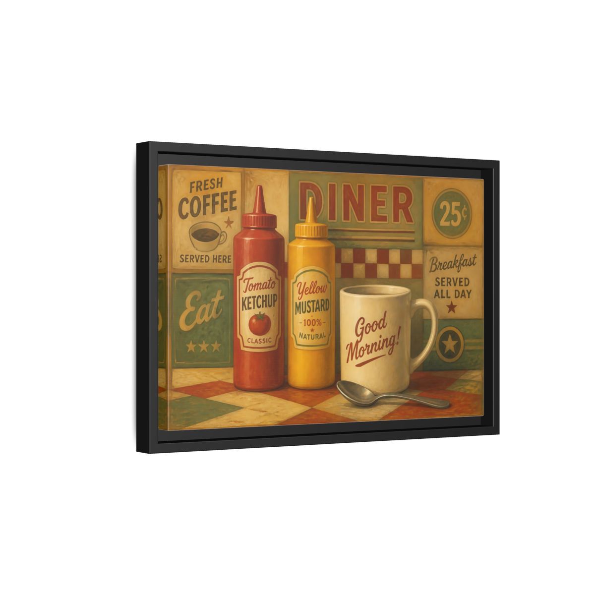 Side Mockup 6. Diner Condiments And Coffee shown as framed canvas print