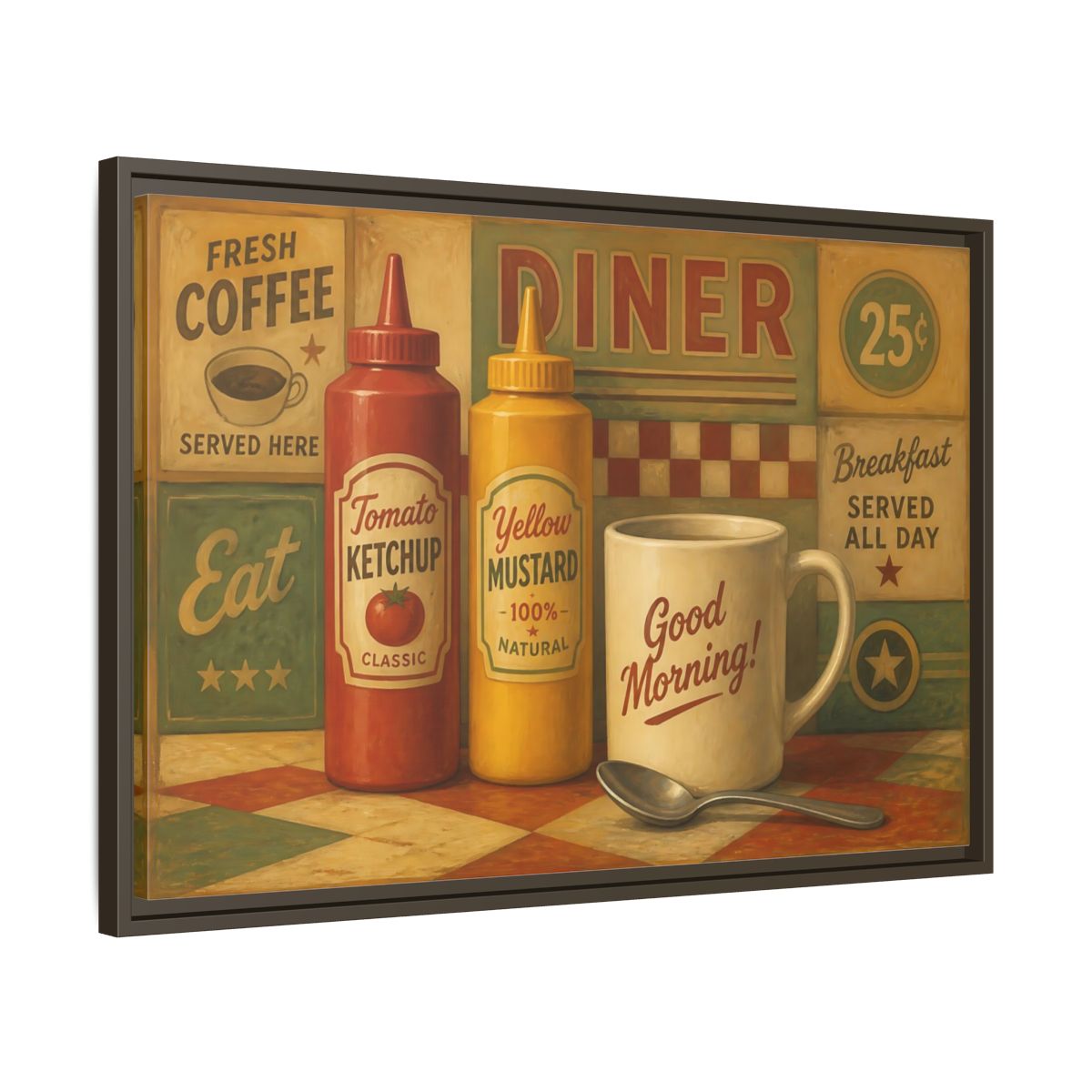 Side Mockup 11. Diner Condiments And Coffee shown as framed canvas print