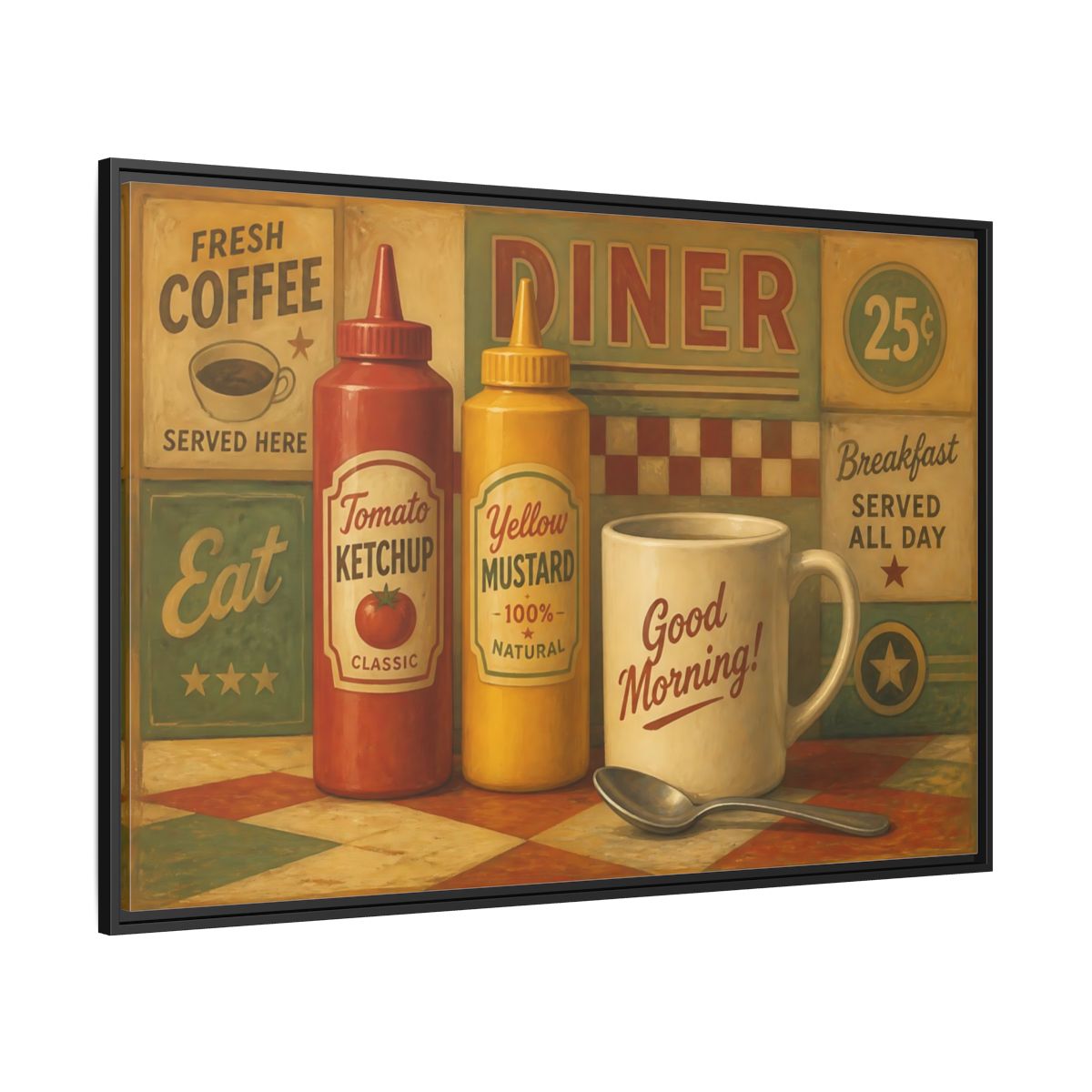 Side Mockup 12. Diner Condiments And Coffee shown as framed canvas print