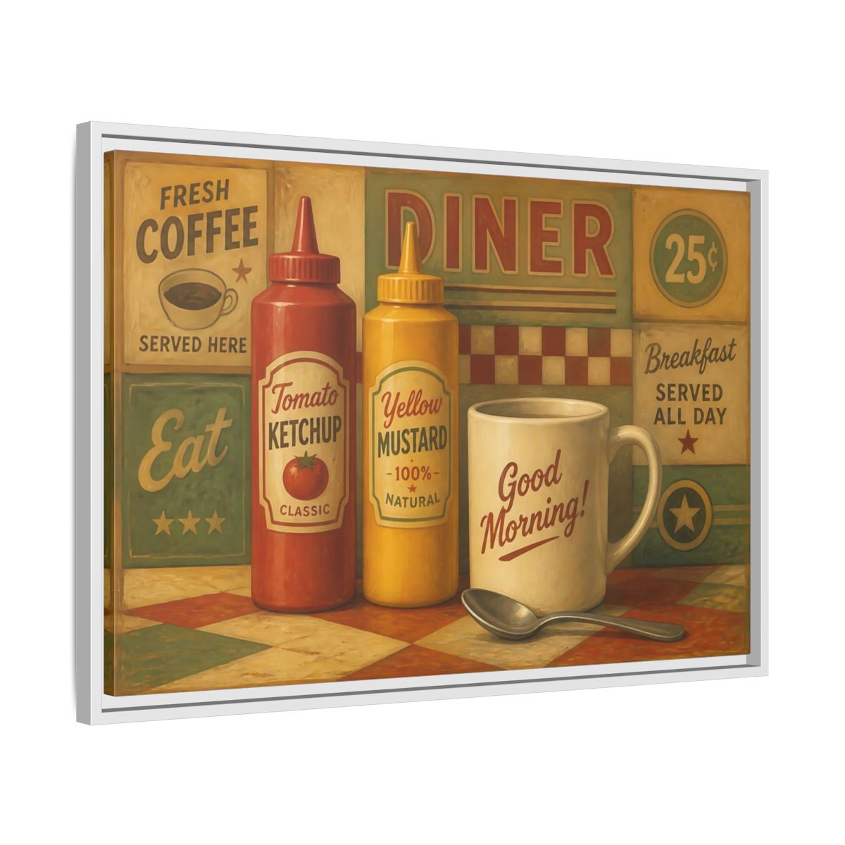 Side Mockup 10. Diner Condiments And Coffee shown as framed canvas print