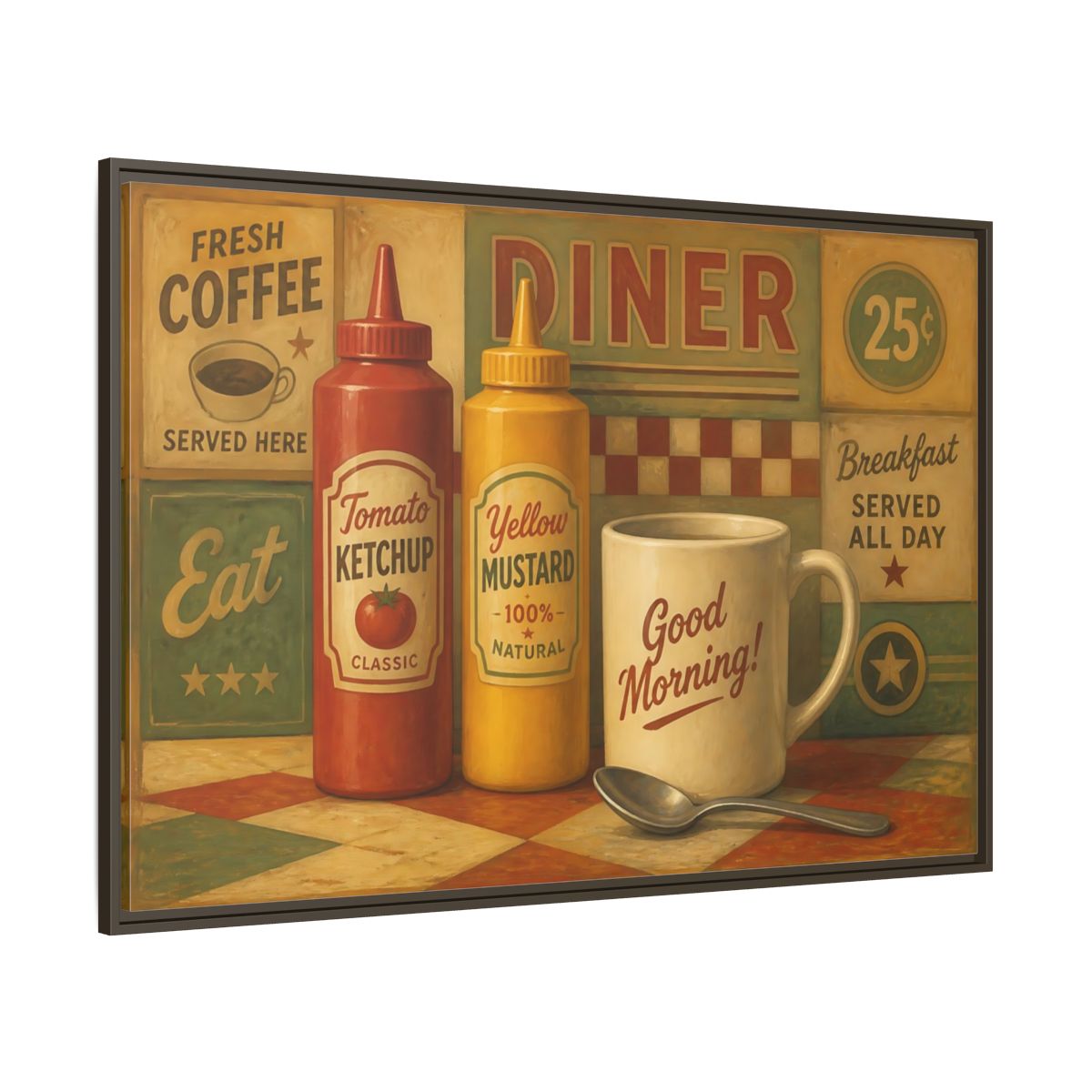 Side Mockup 8. Diner Condiments And Coffee shown as framed canvas print